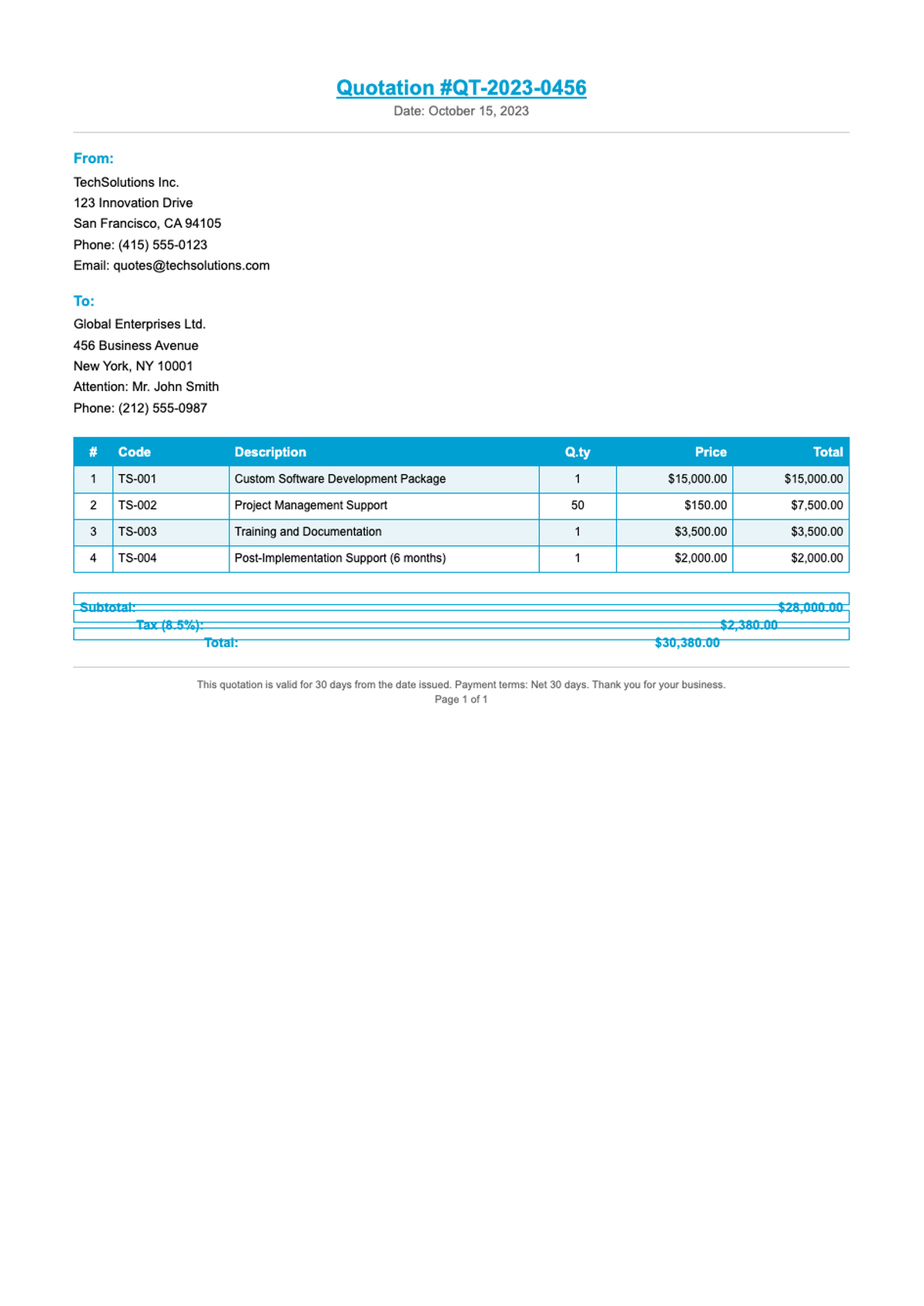 Professional quotation document with itemized product list and pricing details_variant_1
